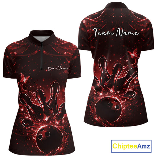 Front and back views of a womens black and red bowling quarter-zip shirt featuring a bowling ball, pins, and glowing butterflies.