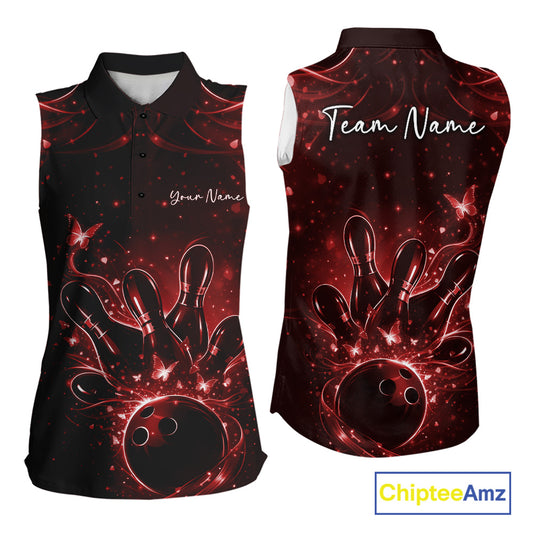 Front and back views of a womens sleeveless bowling shirt in black and red featuring a bowling ball, pins, and luminous butterfly accents.