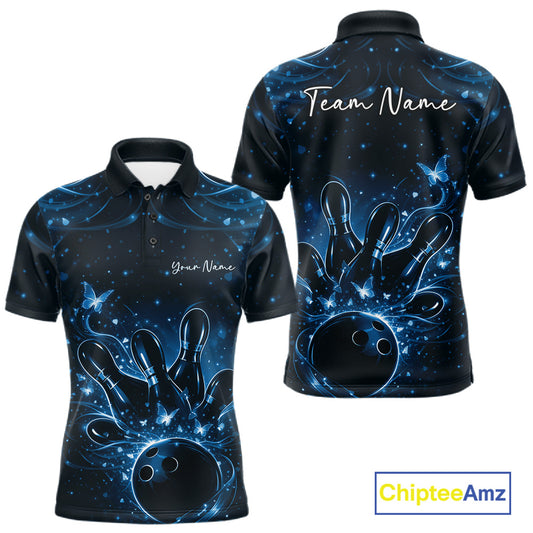 Front and back views of a black and blue mens bowling polo shirt featuring bowling pins, a ball, and glowing butterflies.