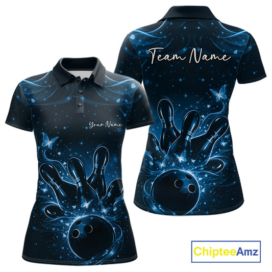 Front and back views of a black and blue womens bowling polo shirt decorated with glowing butterflies, pins, and a bowling ball.