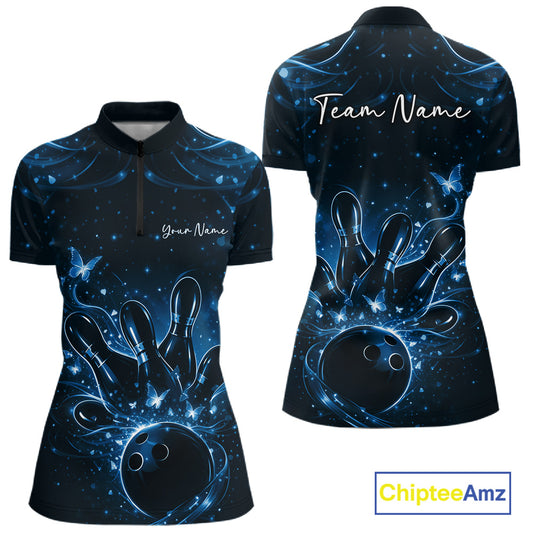 Front and back views of a womens black and blue bowling quarter-zip shirt decorated with glowing butterflies and bowling ball artwork.