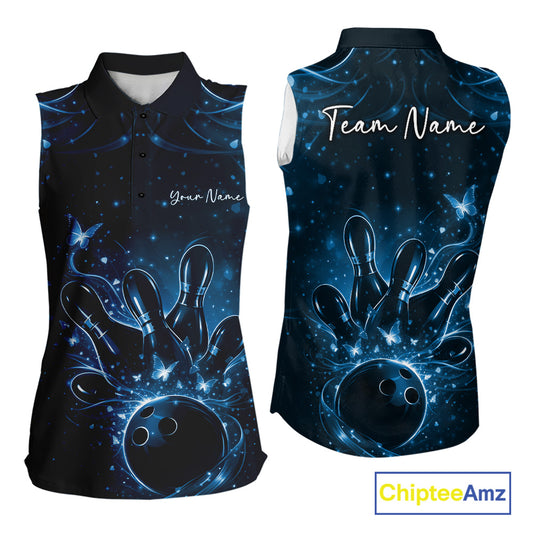 Front and back views of a womens sleeveless bowling shirt in black and blue showcasing bowling-themed graphics with glowing butterflies.