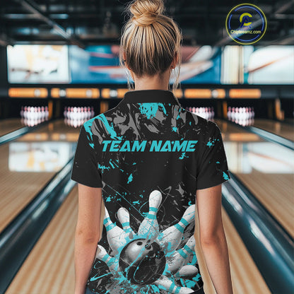 Custom Black And Turquoise Blue Splatter Camo Bowling Team Polo Shirts For Women IPHW10799