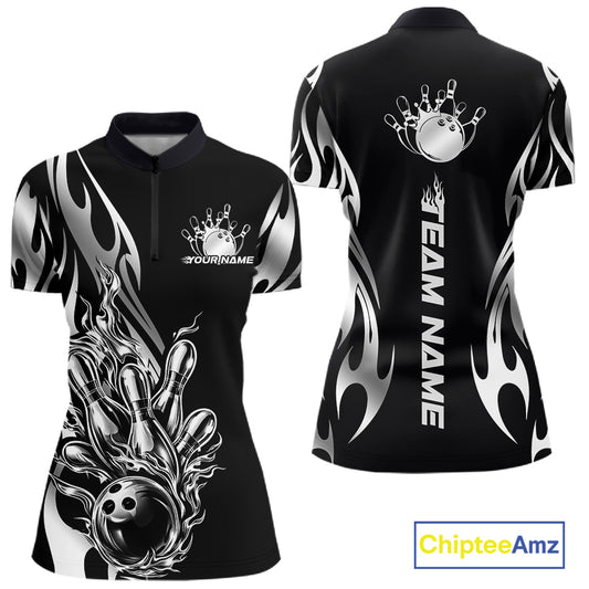 Womens quarter zip bowling shirt mockup, black base with silver metal tribal flame bowling ball knocking down pins dynamic illustration