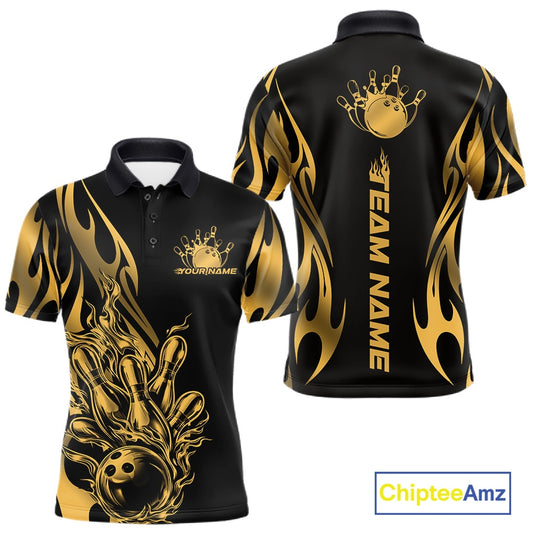 Front and back view mockup of a men’s black polo shirt featuring a golden metal tribal flame bowling ball striking pins in a premium sports apparel design.