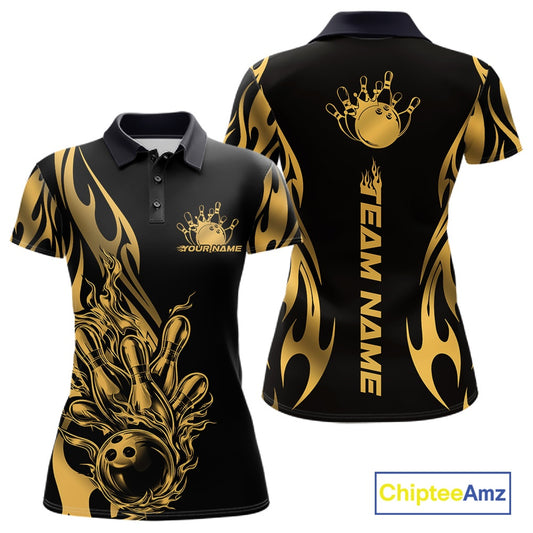 Front and back view mockup of a women’s black polo shirt featuring a golden metal tribal flame design with a bowling ball striking pins in a premium sports style.