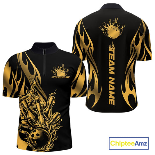 Front and back apparel mockup of black men’s quarter zip shirt with golden metal tribal flame design and bowling ball knocking down pins in dramatic style.