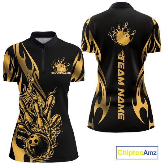 Womens quarter zip bowling shirt mockup, black shirt featuring golden metal tribal flame bowling ball striking pins bold artwork