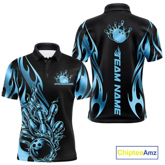 Front and back view mockup of a men’s black polo shirt featuring a blue gradient tribal flame bowling ball striking pins in a clean, modern sports apparel style.