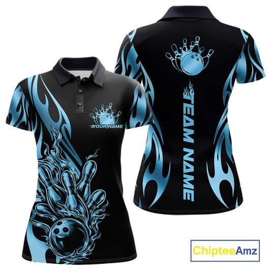 Front and back mockup of women’s black polo shirt featuring blue gradient tribal flame bowling ball striking pins in modern sports apparel design.