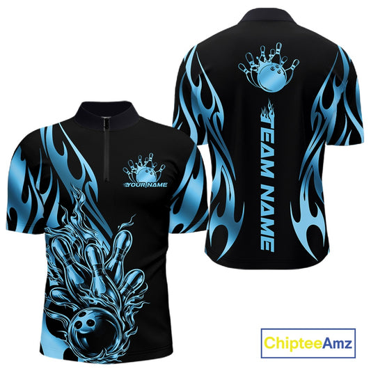 Front and back mockup of men’s black quarter zip shirt with blue gradient tribal flame design and bowling ball striking pins in bold sports-inspired styling.