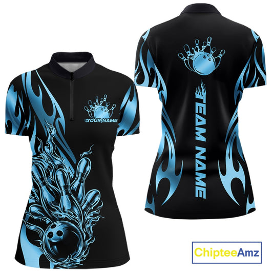 Womens quarter zip bowling shirt mockup, black shirt showcasing blue gradient tribal flame bowling ball hitting pins energetic illustration