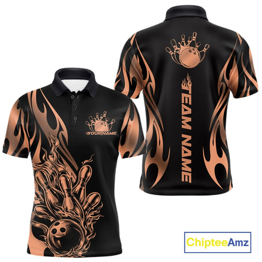 Front and back view mockup of a men’s black polo shirt featuring a rose gold gradient tribal flame bowling ball striking pins in a premium sports apparel design.