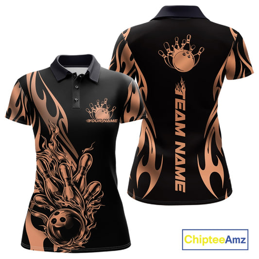 Front and back mockup of women’s black polo shirt featuring rose gold gradient tribal flame bowling ball striking pins in premium athletic style.