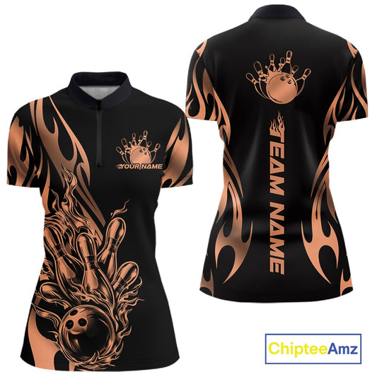 Womens quarter zip bowling shirt mockup, black base with rose gold gradient tribal flame bowling ball knocking down pins stylish design