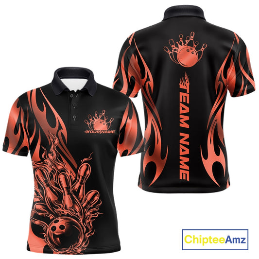 Front and back view mockup of a men’s black polo shirt featuring a red gradient tribal flame bowling ball striking pins in a premium sports apparel style.