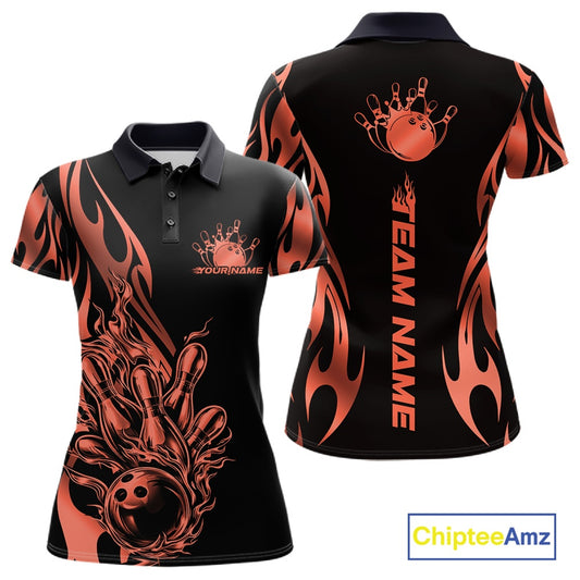 Front and back mockup of women’s black polo shirt featuring red gradient tribal flame bowling ball striking pins in striking sportswear design.