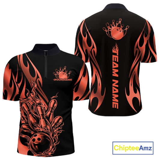 Front and back mockup of a black shirt with red gradient tribal flame styling and a bowling ball striking pins, presented as a bold sports apparel design.