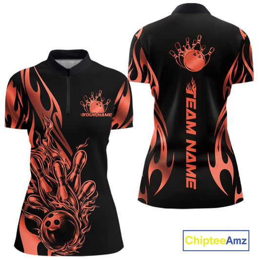 Womens quarter zip bowling shirt mockup, black shirt featuring red gradient tribal flame bowling ball striking pins dynamic illustration