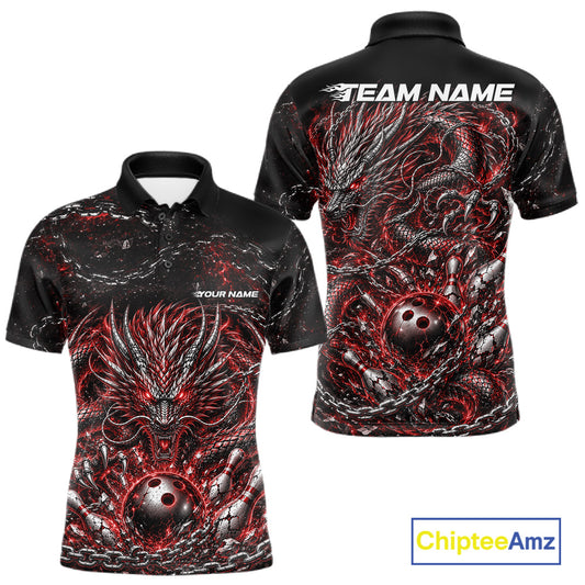 Custom black and red dragon bowling jersey with metal chain design for team tournament apparel