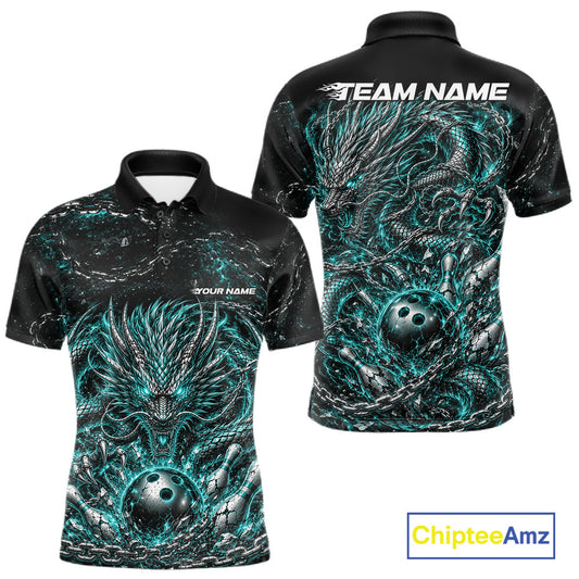 Custom black and blue dragon bowling jersey with metal chain design for team tournament apparel