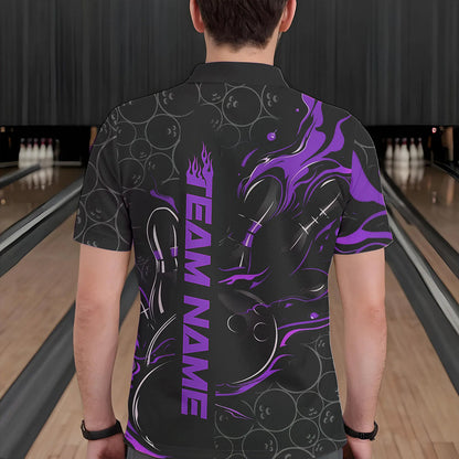 Custom Black And Purple Flame Strike Bowling Team Polo Shirts For Men, Strike Bowling Jerseys IPHW8612