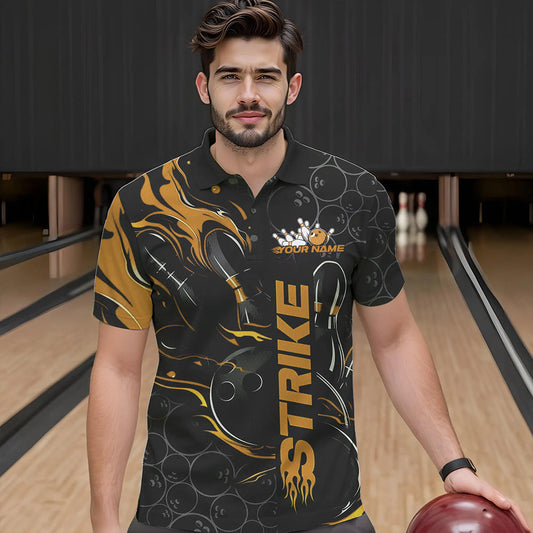 Custom Black And Gold Flame Strike Bowling Team Polo Shirts For Men, Strike Bowling Jerseys IPHW8614