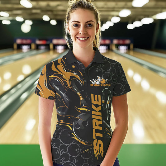 Custom Black And Gold Flame Strike Bowling Team Womens Polo Shirt, Strike Bowling Jerseys IPHW8614