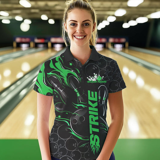 Custom Black And Green Flame Strike Bowling Team Womens Polo Shirts, Strike Bowling Jerseys IPHW8615