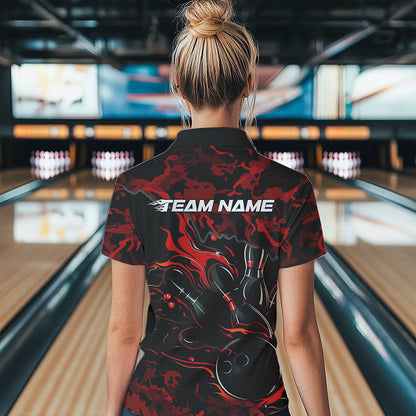 Custom Black And Red Camo Flame Bowling Team Polo Shirt For Women, Bowling Tournament Shirt IPHW8622