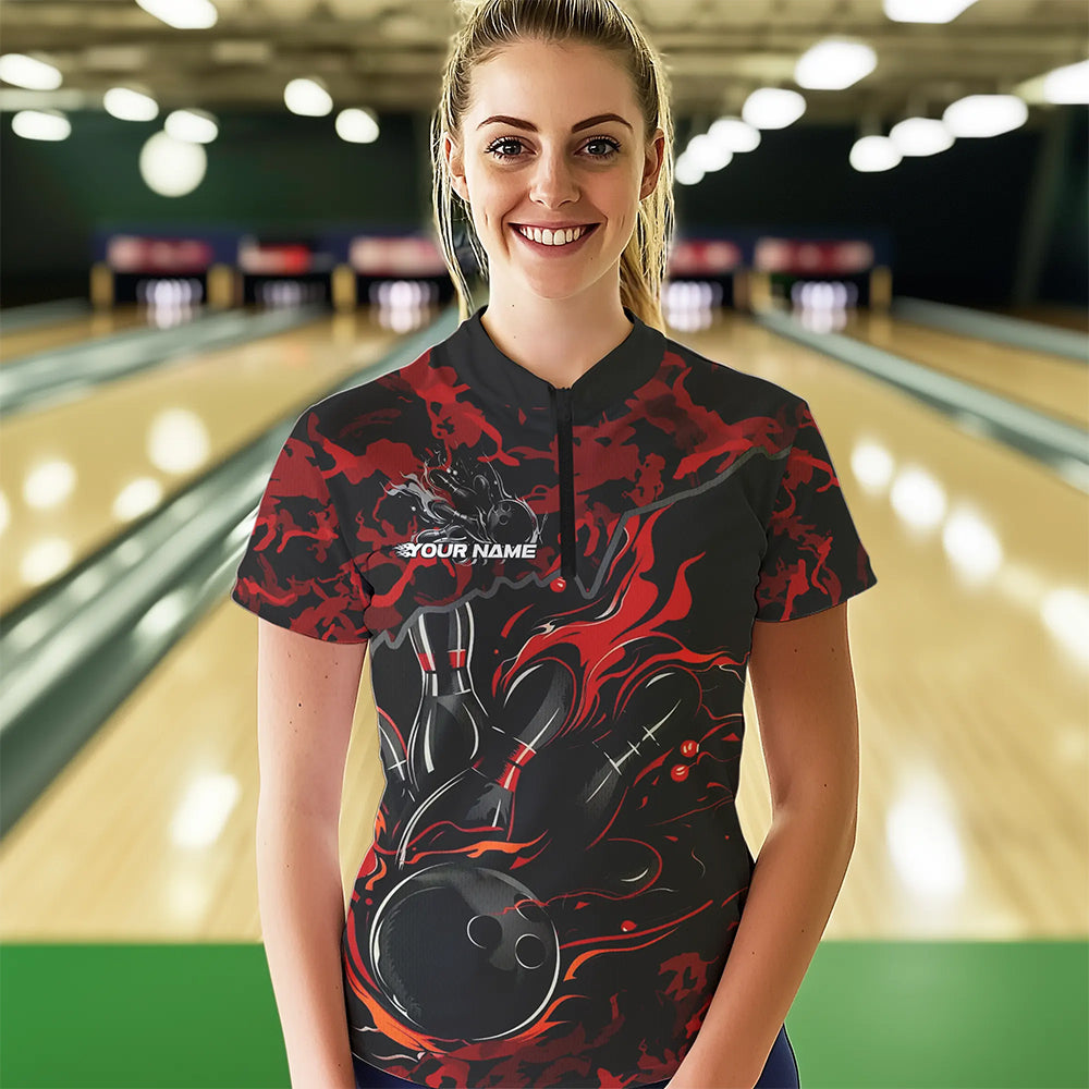 Custom Black And Red Camo Flame Bowling Womens Quarter-Zip Shirt, Bowling Tournament Shirt IPHW8622