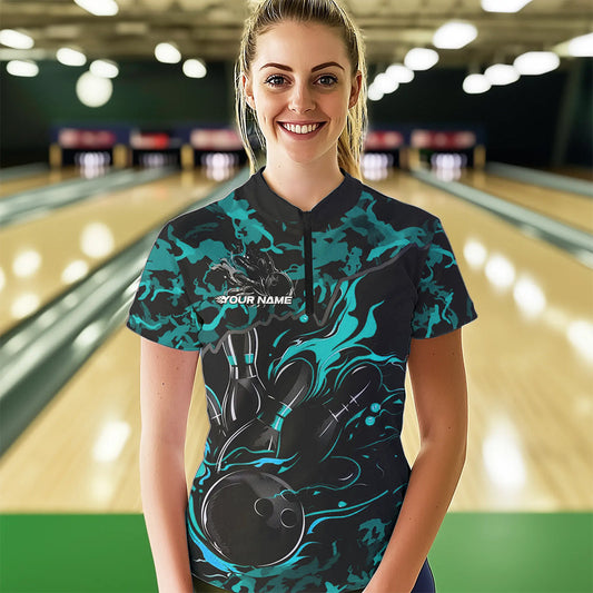 Custom Black And Blue Camo Flame Bowling Womens Quarter-Zip Shirt, Bowling Tournament Shirt IPHW8623