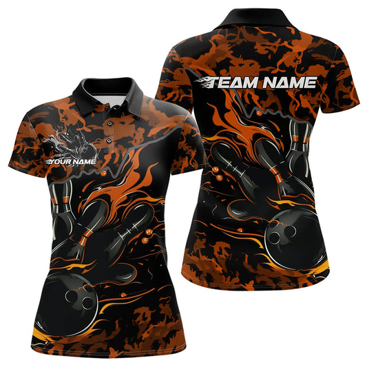 Custom Black And Orange Camo Flame Bowling Womens Polo Shirts, Bowling Tournament Shirt IPHW8624