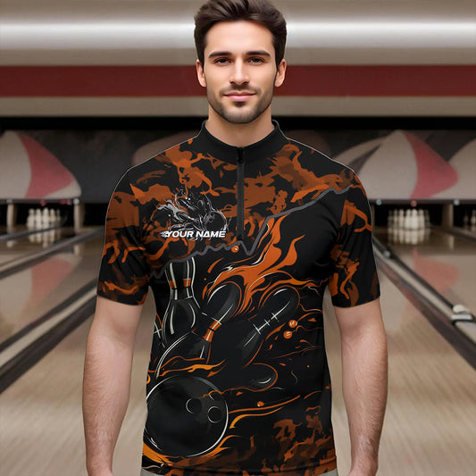Custom Black And Orange Camo Flame Bowling Team Quarter-Zip Shirts For Men, Bowling Tournament Shirt IPHW8624