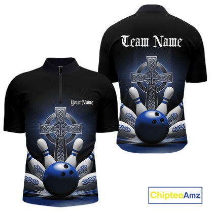 Mens quarter zip bowling shirt mockup front and back, black shirt with blue Celtic cross and bowling ball exploding into pins design