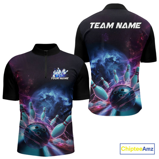 Custom Galaxy Bowling Men Quarter-Zip Shirts, Holographic Bowling Jersey Bowling League Shirt IPHW9499