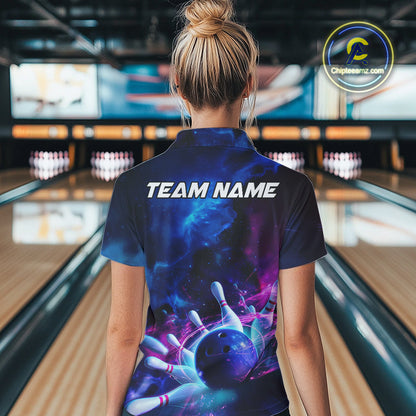 Custom Galaxy Bowling Women Polo Shirts, Holographic Bowling Jersey Bowling League Shirt IPHW9500