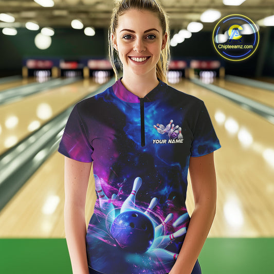 Custom Galaxy Bowling Women Quarter-Zip Shirts, Holographic Bowling League Shirt IPHW9500