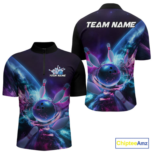 Custom Galaxy Bowling Men Quarter-Zip Shirts, Holographic Bowling Jersey Bowling League Shirt IPHW9501