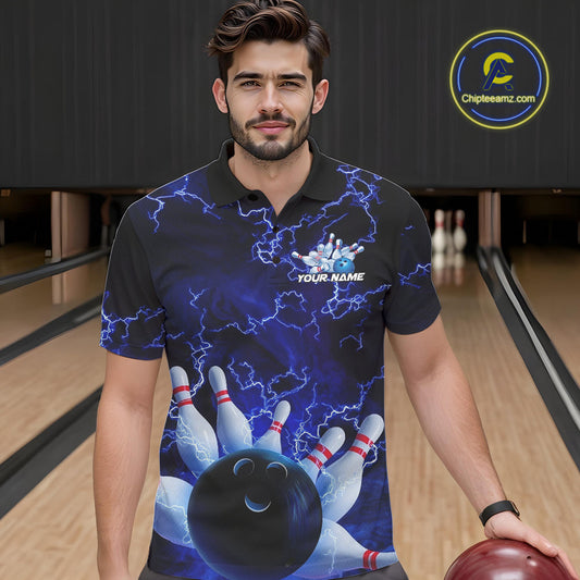 Custom Electric Blue Thunder Lightning Men Bowling Polo Team Shirts, Bowling Jerseys IPHW9504