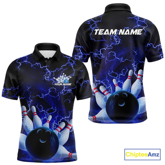 Custom Electric Blue Thunder Lightning Men Bowling Polo Team Shirts, Bowling Jerseys IPHW9504