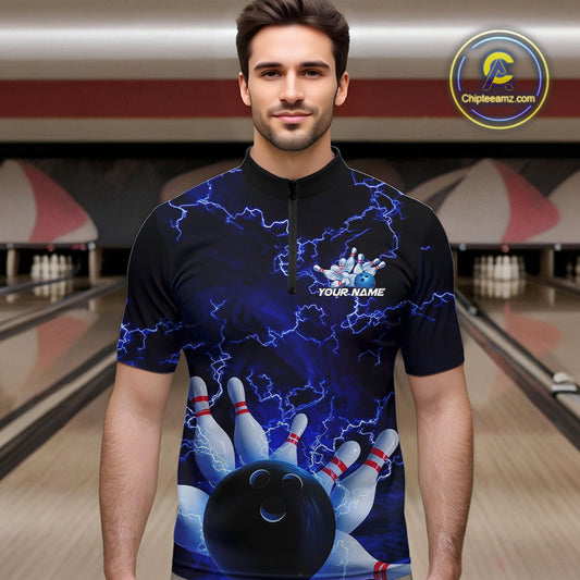 Custom Electric Blue Thunder Lightning Men Bowling Quarter-Zip Team Shirts, Bowling Jerseys IPHW9504