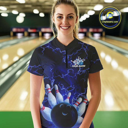Custom Electric Blue Thunder Lightning Women Bowling Quarter-Zip Shirts, Bowling Jerseys IPHW9504