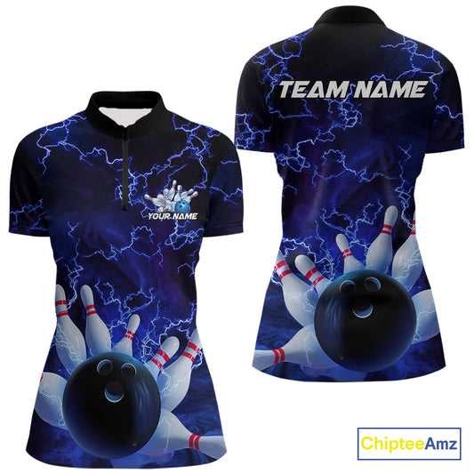 Custom Electric Blue Thunder Lightning Women Bowling Quarter-Zip Shirts, Bowling Jerseys IPHW9504