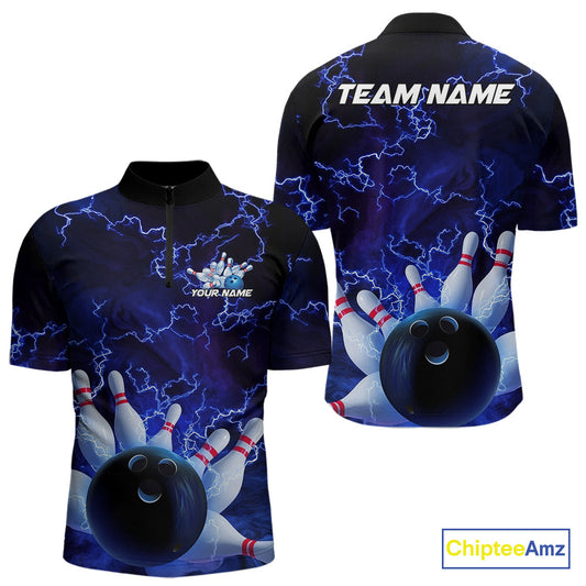 Custom Electric Blue Thunder Lightning Men Bowling Quarter-Zip Team Shirts, Bowling Jerseys IPHW9504