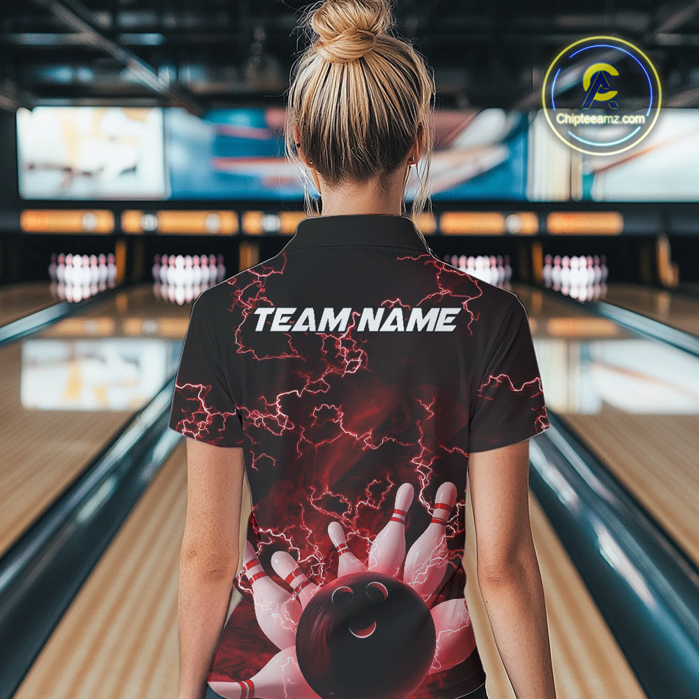 Custom Red Thunder Lightning Women Bowling Polo Team Shirts, Bowling Jerseys IPHW9505