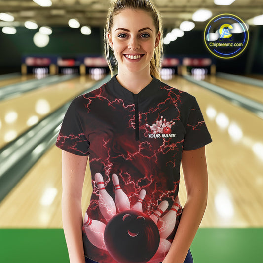 Custom Red Thunder Lightning Women Bowling Quarter-Zip Team Shirts, Bowling Jerseys IPHW9505