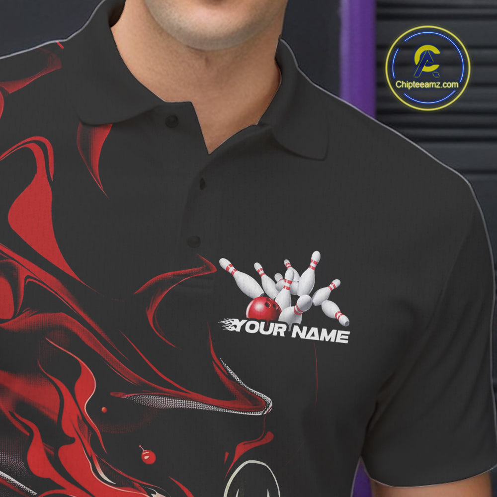 Custom Black And Red Camo Flame Bowling Team Polo Shirts For Men, Bowling Jerseys IPHW9877