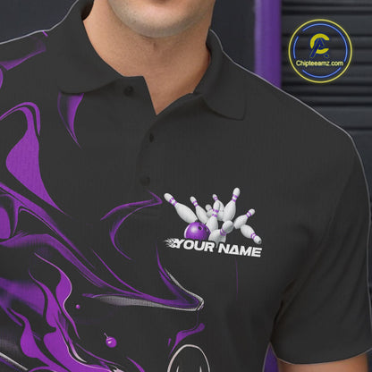 Custom Black And Purple Camo Flame Bowling Team Polo Shirts For Men, Bowling Jerseys IPHW9879