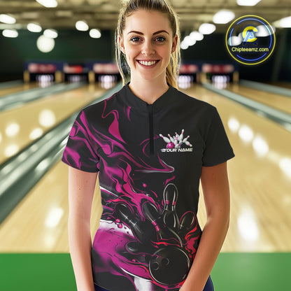 Custom Black And Pink Camo Flame Bowling Team Women Quarter-Zip Shirts, Bowling Jerseys IPHW9880